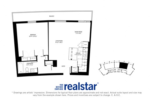 Harbourview Apartments 1-bedroom, 1-bath layout variation C in Oakville, ON